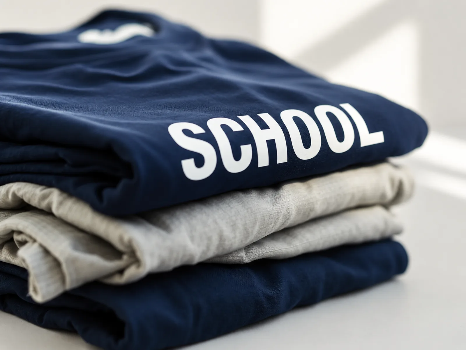 Stack of folded custom-printed navy school team t-shirts