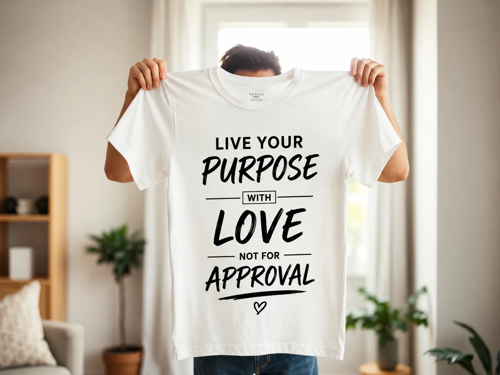 Person holding a custom-printed white t-shirt with 'Live your purpose with love' quote
