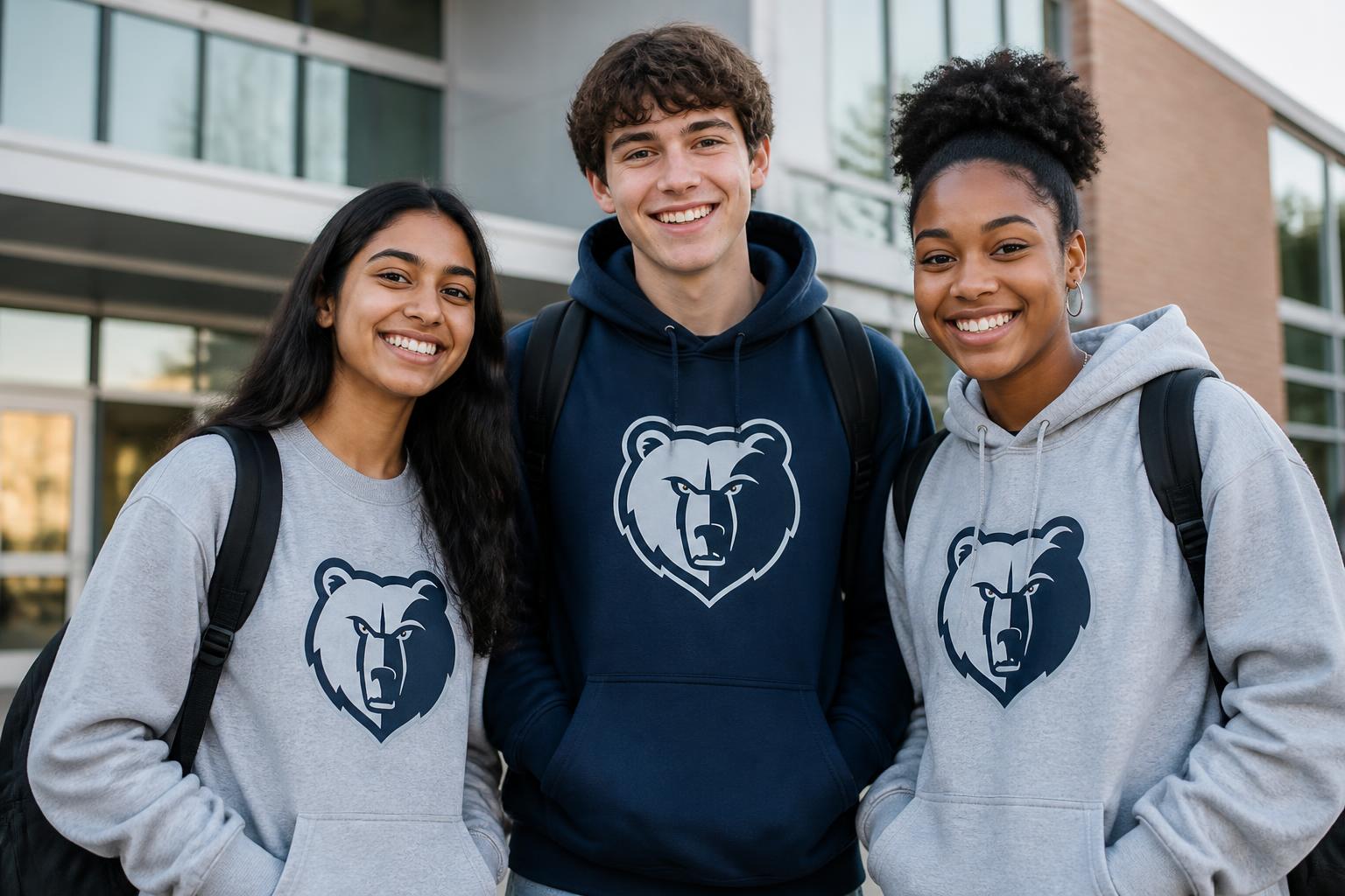 Students wearing custom-printed school apparel